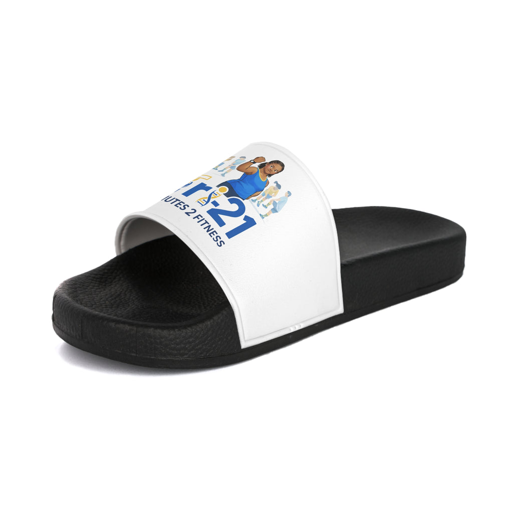 Funny 21 Minutes of Fitness Cartoon Figure Slide Sandals | White Strap